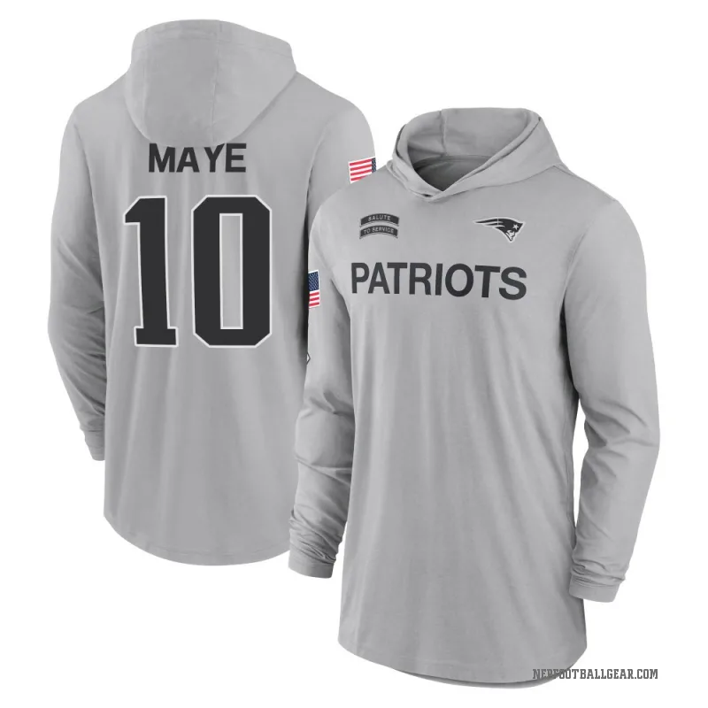 Drake Maye Men's Gray New England Patriots 2024 Salute to Service Lightweight Performance Long Sleeve Hooded T-Shirt