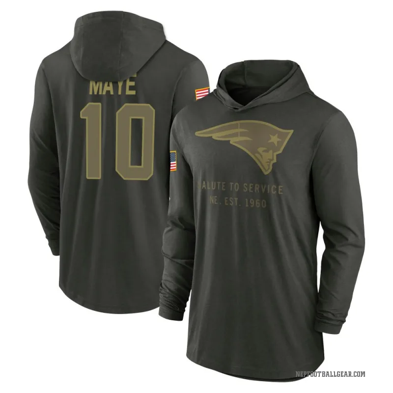 Drake Maye Men's Green New England Patriots Forest/ 2025 Salute to Service Sideline Lightweight Hooded Pullover Long Sleeve T-Sh