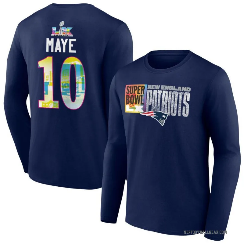 Drake Maye Youth Navy New England Patriots Super Bowl LX Long Sleeve T-Shirt