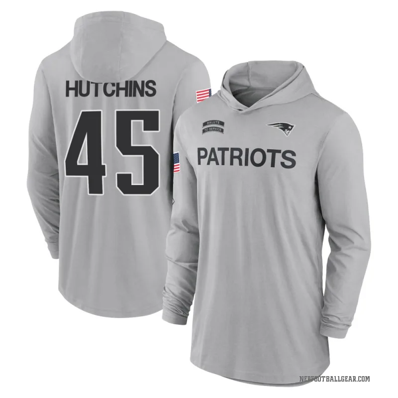 Quintayvious Hutchins Men's Gray New England Patriots 2024 Salute to Service Lightweight Performance Long Sleeve Hooded T-Shirt